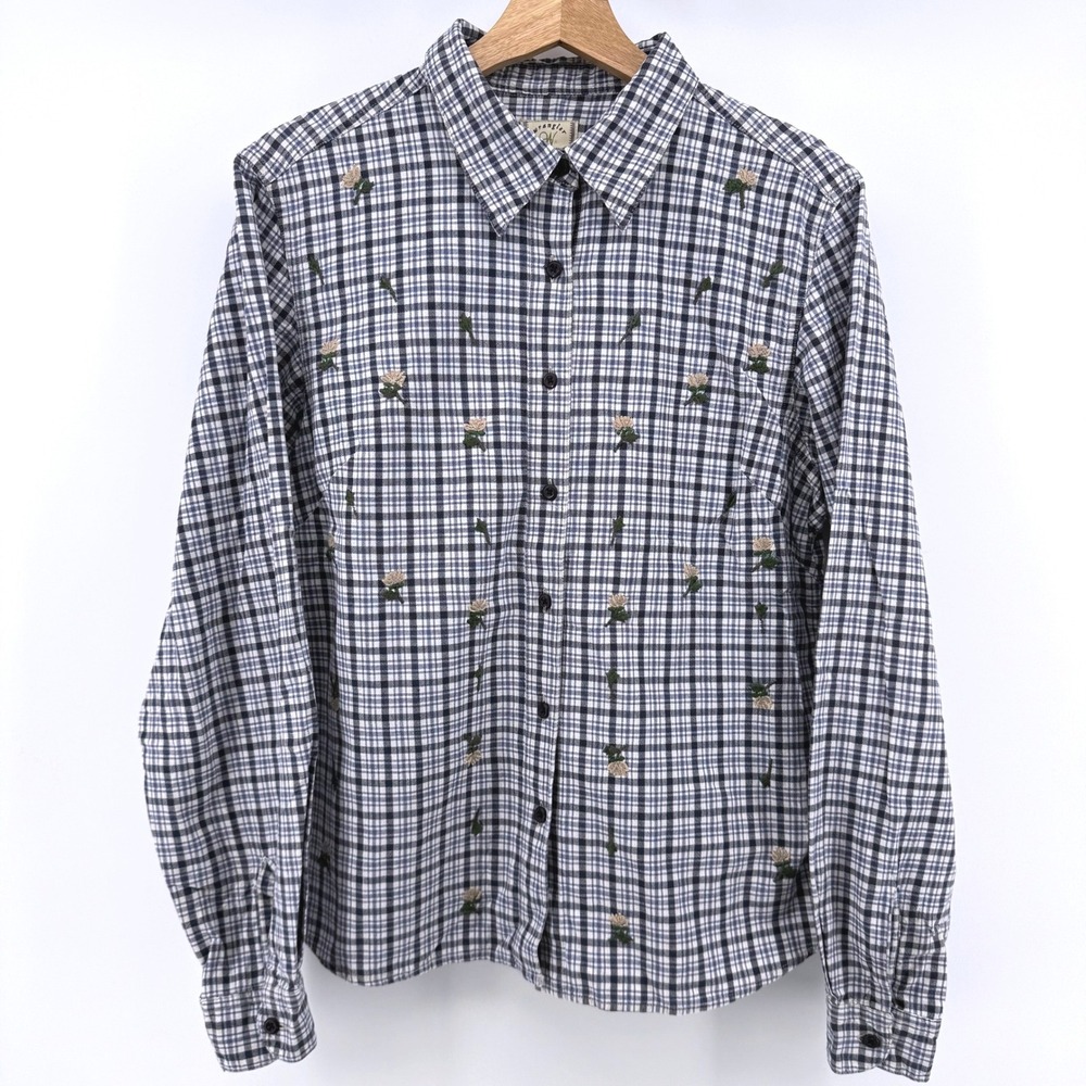 Wrangler Button Down Shirt Womens Navy White Plaid Floral Embroidered Western - Picture 3 of 7